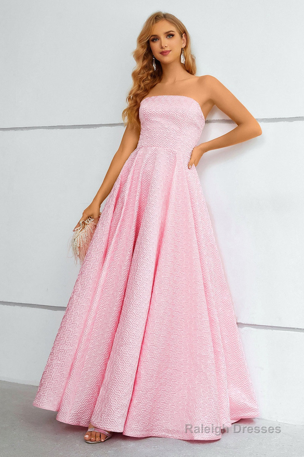 Pink Lace Up A Line Strapless Prom Dress