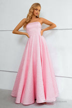Pink Lace Up A Line Strapless Prom Dress