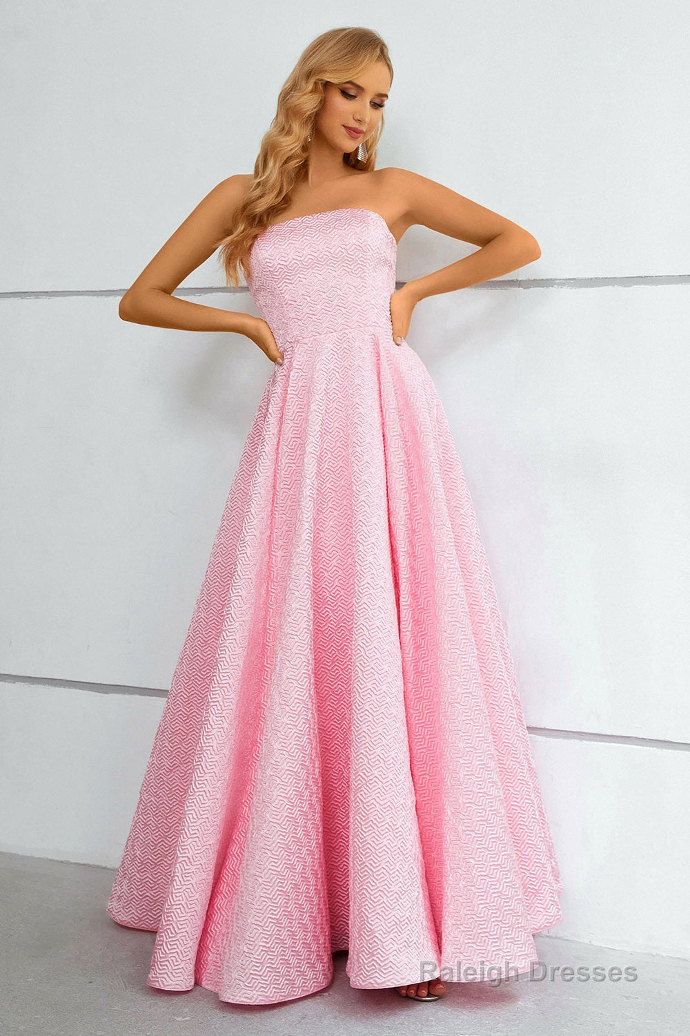 Pink Lace Up A Line Strapless Prom Dress