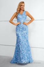 Blue V Neck Mermaid Prom Dress With Flowers and Appliques