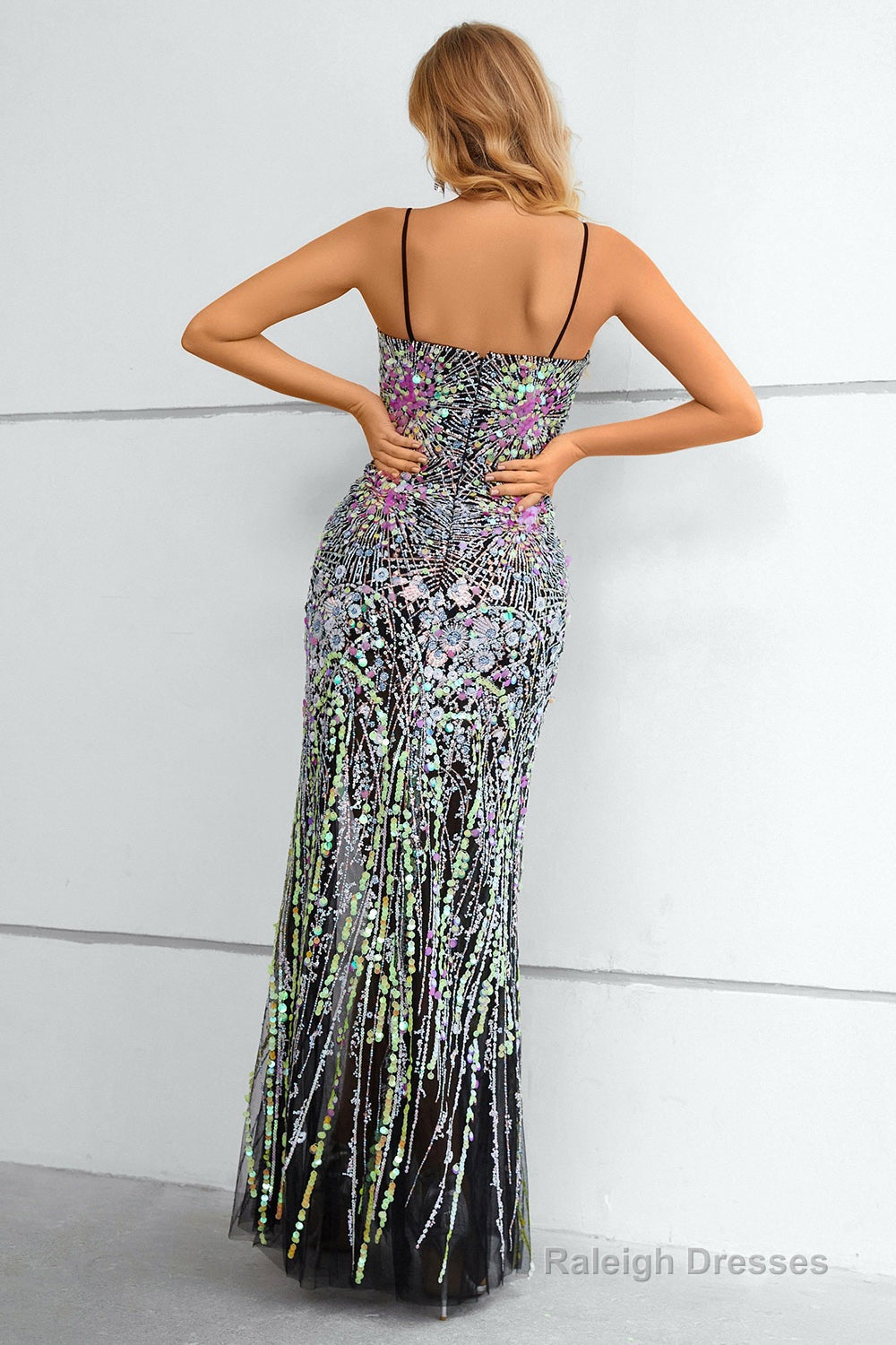 Black Spaghetti Straps Beaded Prom Dress With Slit Secondary image