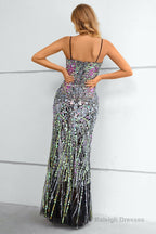 Black Spaghetti Straps Beaded Prom Dress With Slit