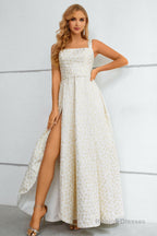 Ivory Lace-Up Back A-Line Prom Dress