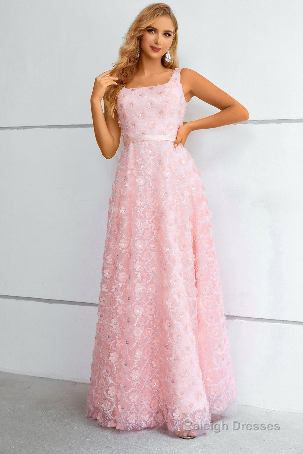 Pink A-Line Lace-Up Back Prom Dress With 3D Flowers Main image