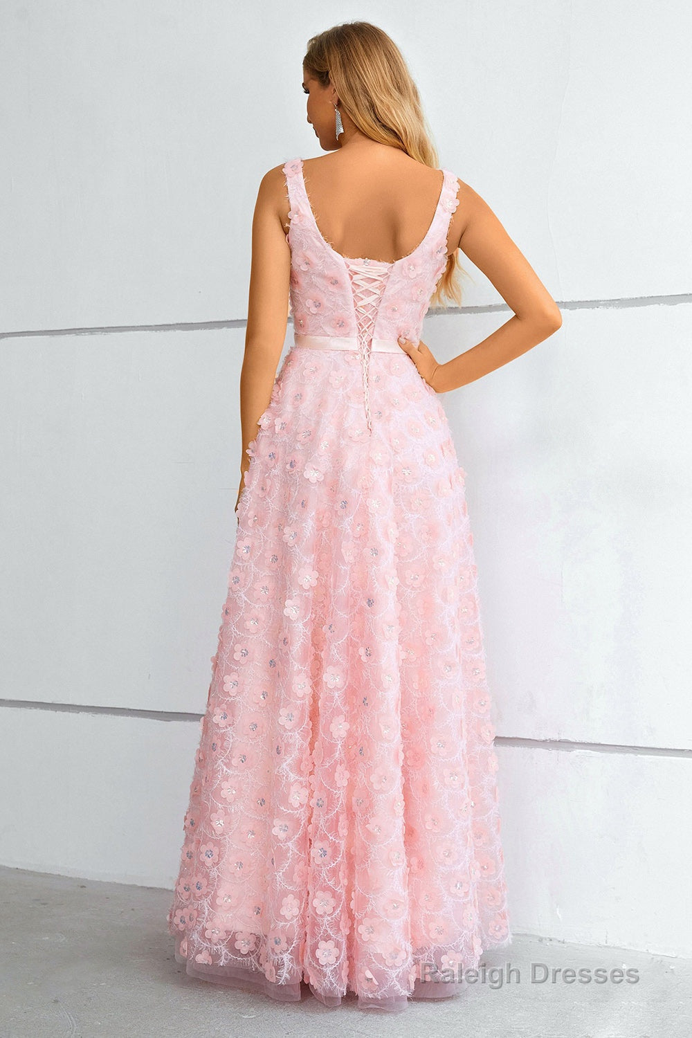 Pink A Line Lace-Up Back Prom Dress With 3D Flowers Secondary image