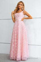 Pink A Line Lace-Up Back Prom Dress With 3D Flowers