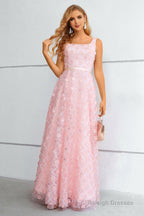 Pink A-Line Lace-Up Back Prom Dress With 3D Flowers