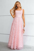 Pink A Line Lace-Up Back Prom Dress With 3D Flowers