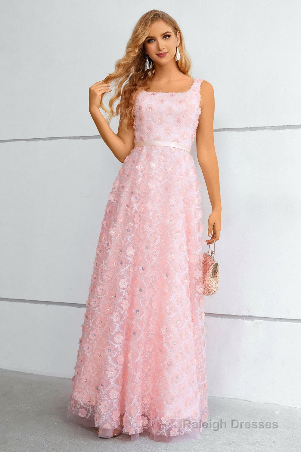 Pink A Line Lace-Up Back Prom Dress With 3D Flowers