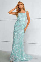 Green Square Neck Mermaid Sequined Prom Dress With Detachable Train