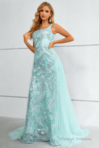 Green Square Neck Mermaid Sequined Prom Dress With Detachable Train