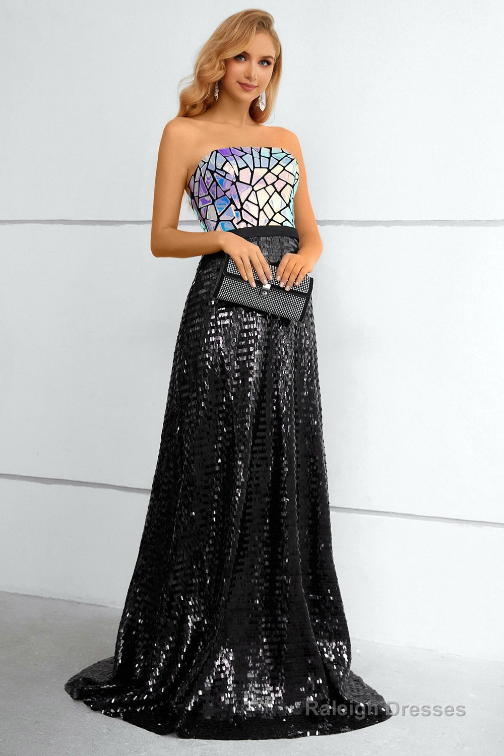 Black Sequined Strapless Prom Dress