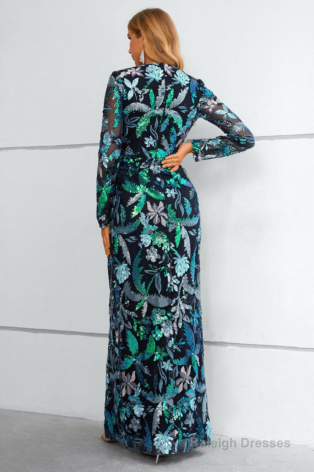 Black Long Sleeves Sequined Wrap Formal Dress With Embroidery Secondary image