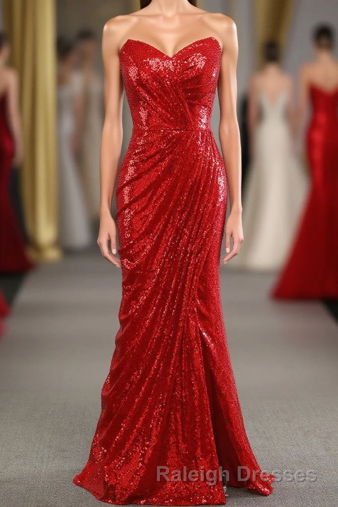 Sheath Sweetheart Red Sequins Prom Dresses with Sequins