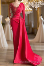 Gorgeous Red Long Sleeve Mermaid Evening Dress Lace Appliques Prom Gown Ruffles