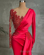 Gorgeous Red Long Sleeve Mermaid Prom Dresses Lace Appliques Prom Gown Ruffles