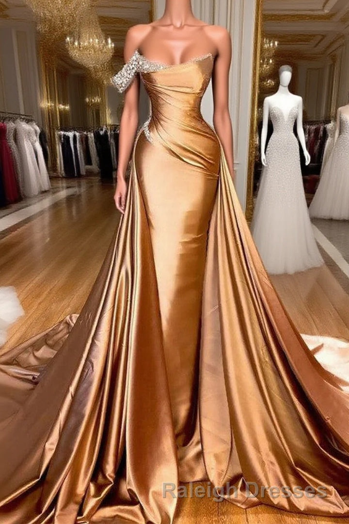 Chic One Shoulder Beaded Mermaid Prom Dress With Court Train Main image