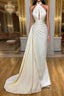 Ivory Halter Long Prom Dresses With Split Detachable Train