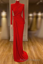Glamorous High Neck Long Sleeve Red Prom Dress Long With Split