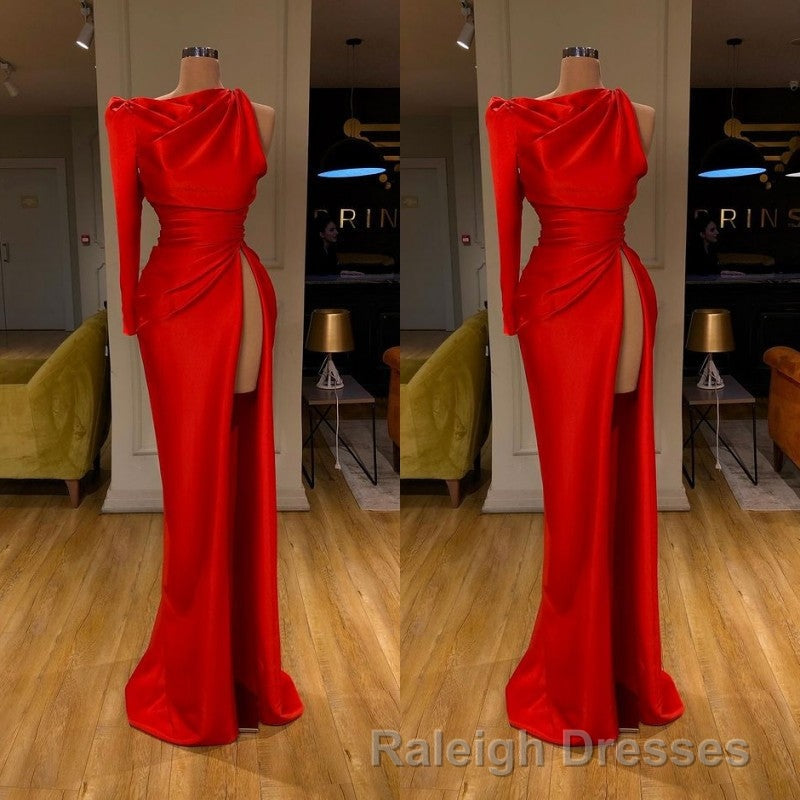One Shoulder Long sleeves High-split Soft pleated Red Prom Dresses