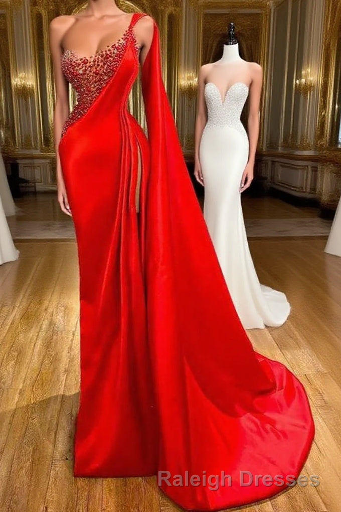 Unique Red Stones Sleeveless High split mermaid Prom Dresses Main image