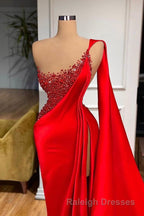 Unique Red Stones Sleeveless High split mermaid Prom Dresses