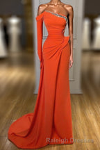 Long sleeves Strapless Orange Sequined Long Prom Dresses