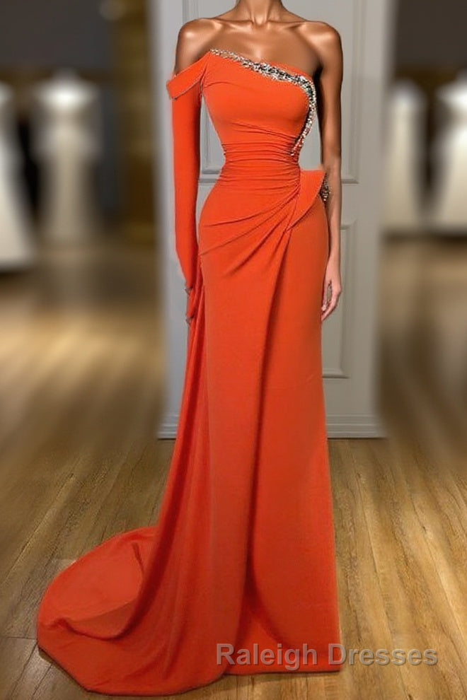 Long sleeves Strapless Orange Sequined Long Prom Dresses
