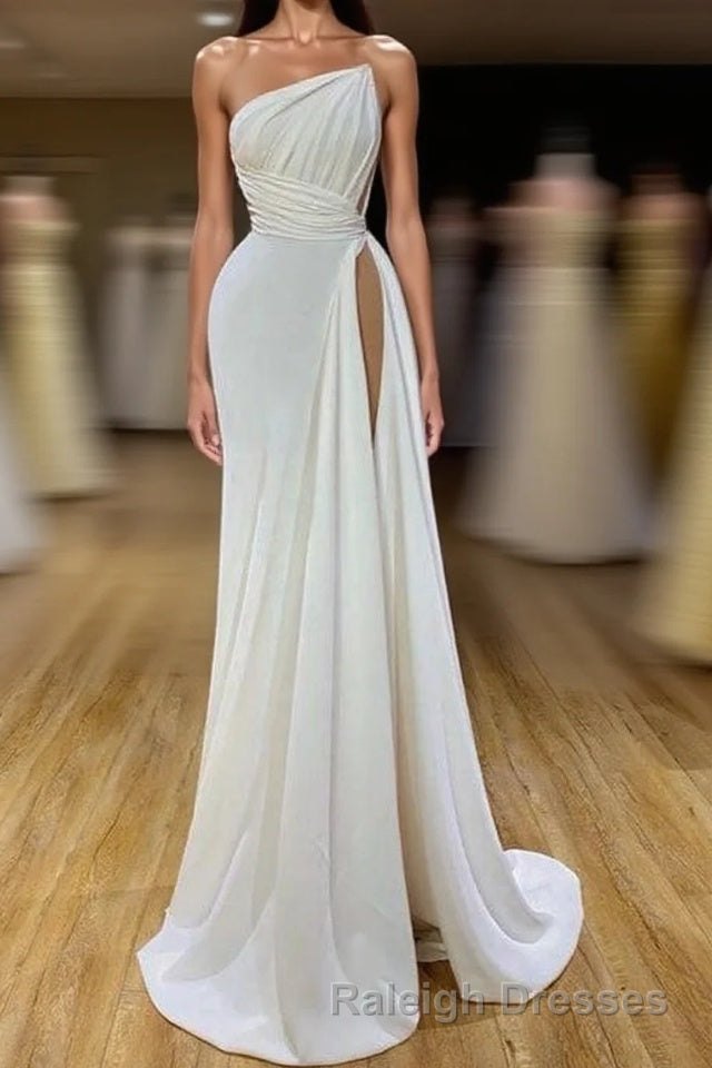 Strapless Creamy White High-split Pleated Long Prom Dresses