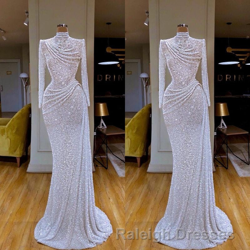 Sparkle White Sequin Long sleeves Pleated Long Prom Dress Secondary image