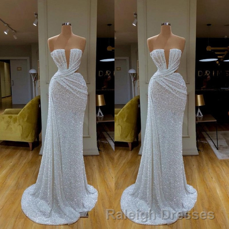 Plunging V-neck Sparkle White Sequined Strapless Prom Dress Secondary image