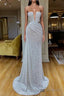Plunging V-neck Sparkle White Sequined Strapless Prom Dress