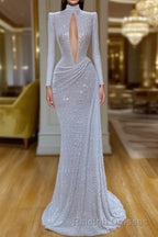 Stunning Long Sleeve High Neck Sequins Prom Dress Mermaid Long