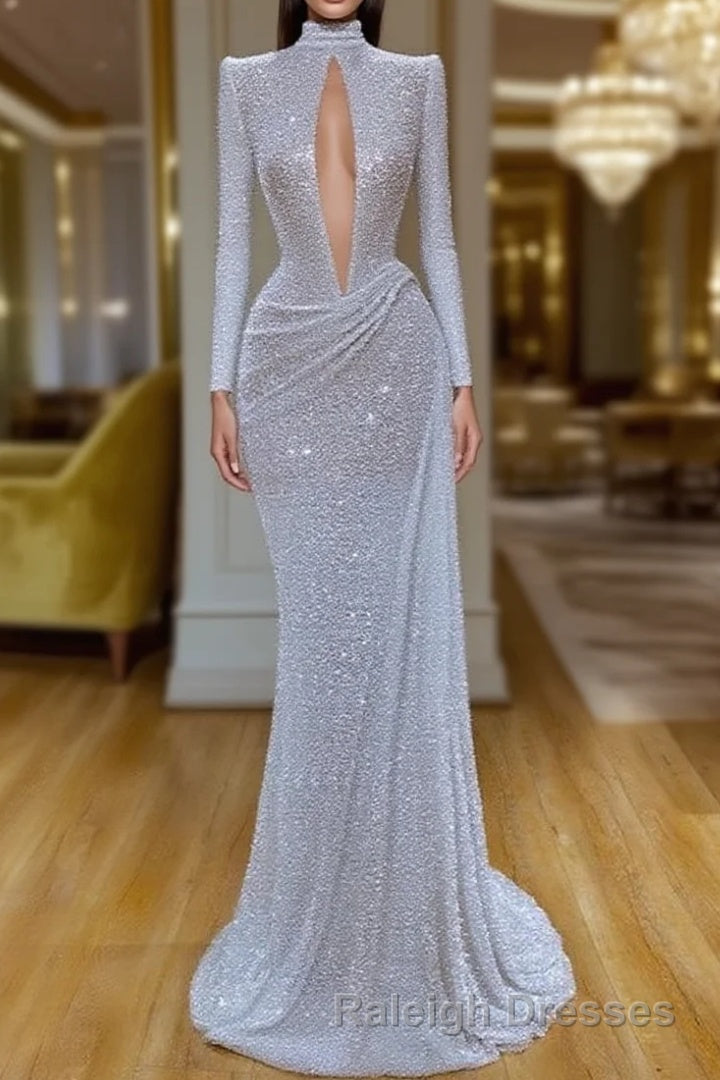 Stunning Long Sleeve High Neck Sequins Prom Dresses Mermaid Long Main image