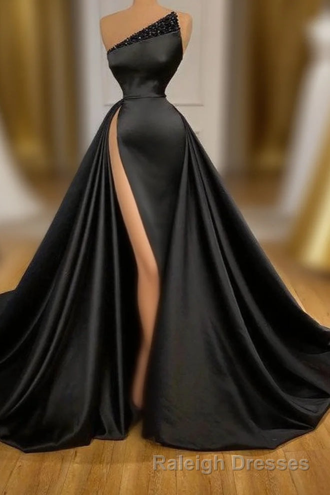 Black Beadings Prom Dresses Long With Split On Sale