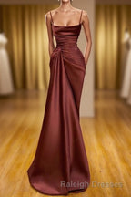 Burgundy Spaghetti-Straps Mermaid Ruffles Prom Dress Long