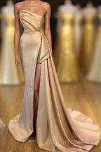 Designer Long Champagne Prom Dress Side Split Evening Party Gowns