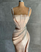 Straps Beadings Long Mermaid Prom Dresses Split Prom Gowns