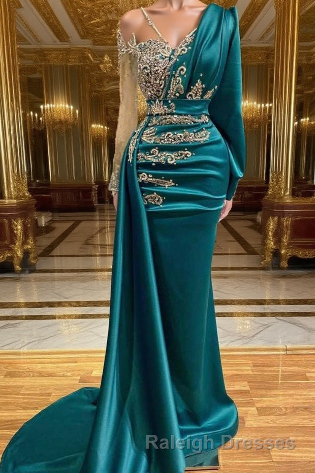 Glamorous Long Sleeve Mermaid Prom Dresses With Lace Appliques Prom Gowns