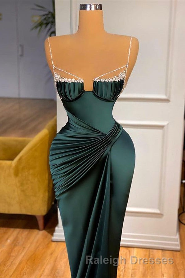 Gorgeous Dark Green Spaghetti-Straps Mermaid Prom Dress With Beadings