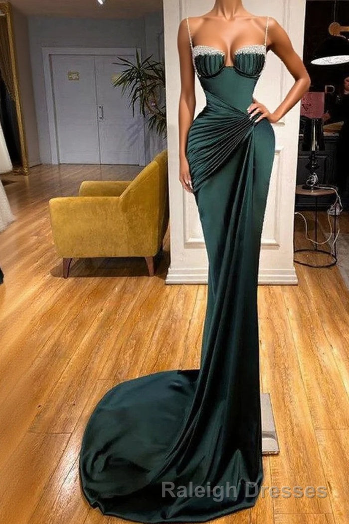 Gorgeous Dark Green Spaghetti-Straps Mermaid Prom Dress With Beadings