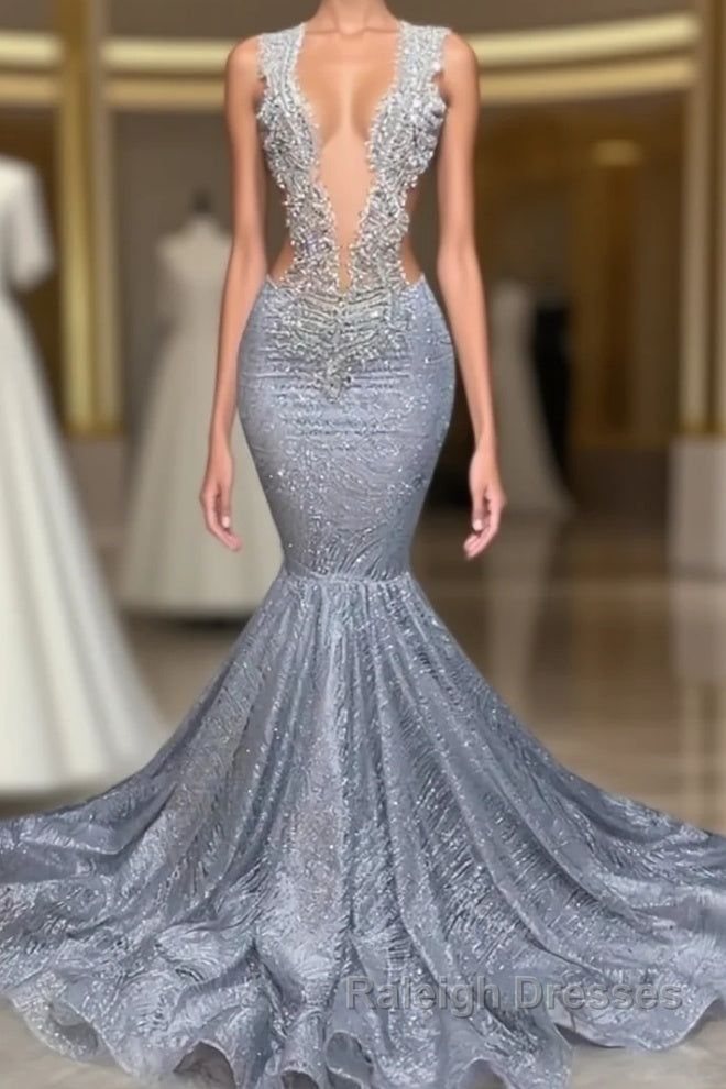 Silver Sequins Mermaid Prom Dress Long With Beads