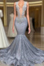 Silver Sequins Mermaid Prom Dress Long With Beads