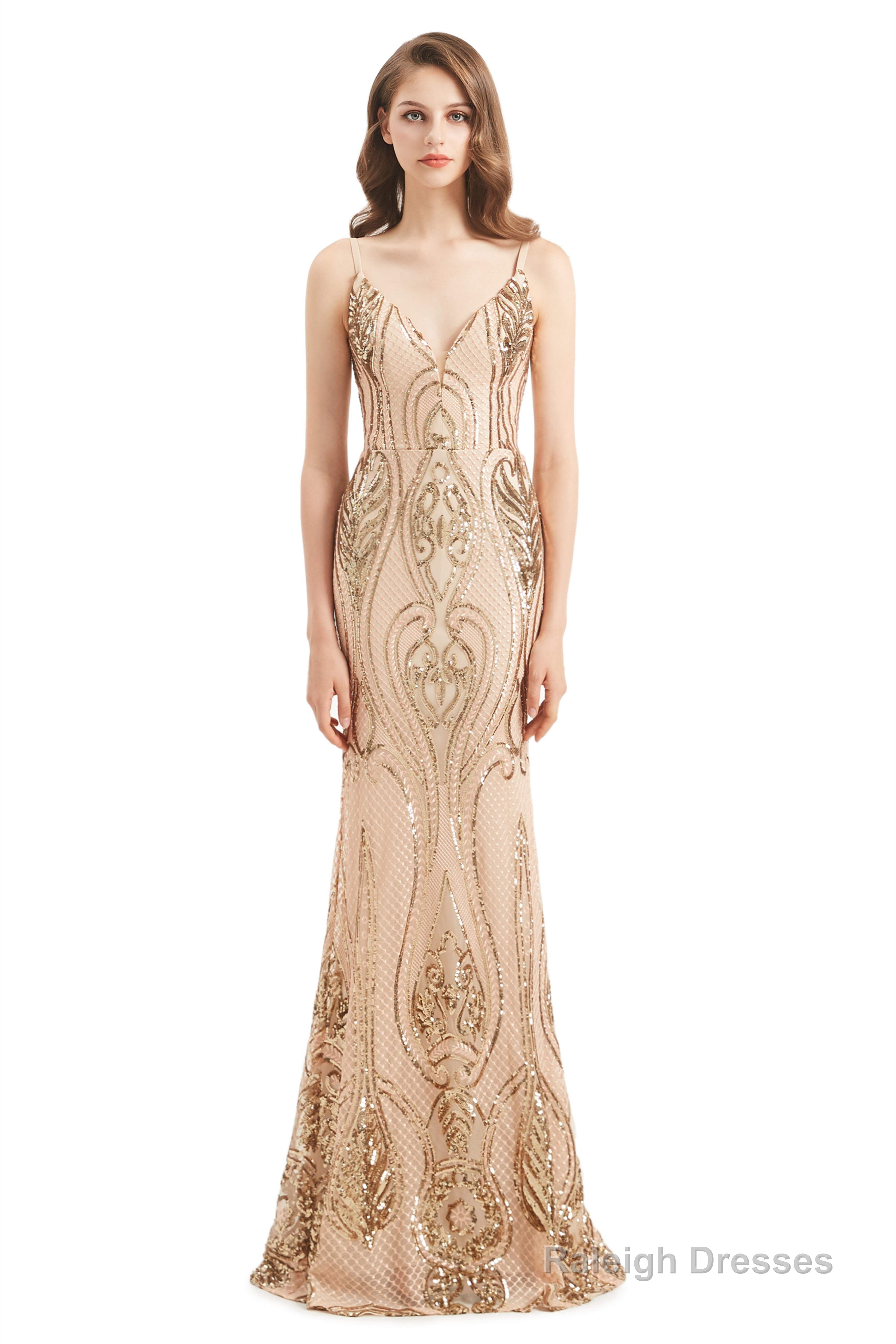 Mermaid Sequins Spaghetti Straps Prom Dresses With Detachable Train