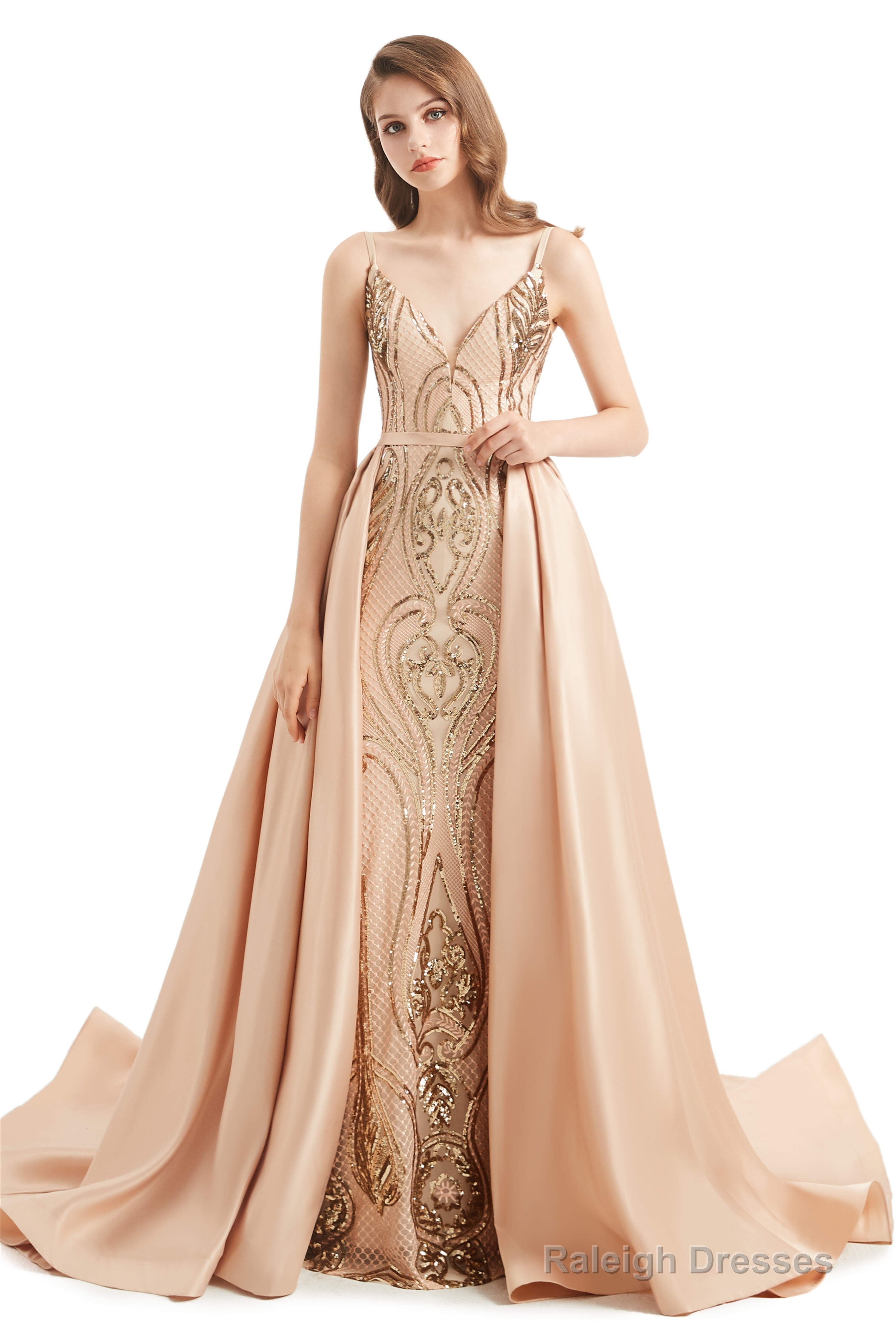 Mermaid Sequins Spaghetti Straps Prom Dresses With Detachable Train