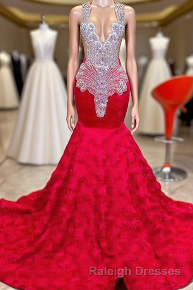 Charming Long Mermaid Jewel Satin Beading Prom Dress Red Formal Gowns