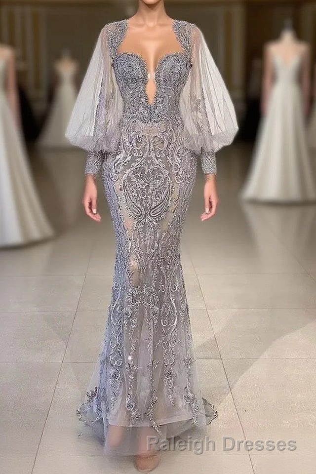 Charming Long Mermaid Sweetheart Tulle Lace Evening Dresses with Puffy Sleeves Main image