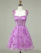 Cute Purple A Line Lace Up Tulle Homecoming Dress With Appliques