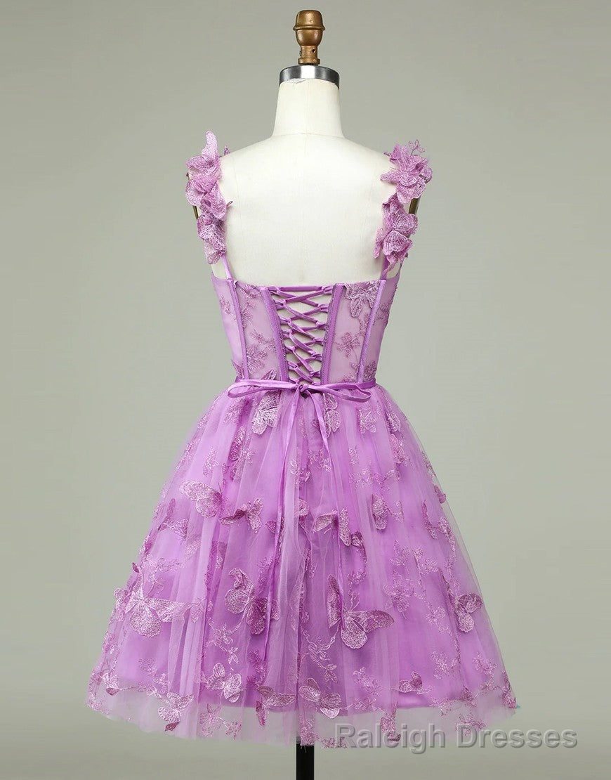 Cute Purple A Line Lace Up Tulle Homecoming Dress With Appliques