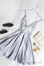Cute Light Blue V Neck Satin Short Light Blue Homecoming Dresses